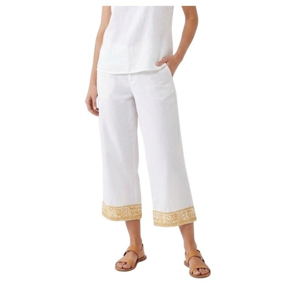 Coldwater Creek White Cropped Pants with Embroidered‎ Hem Women's Size 12 Casual